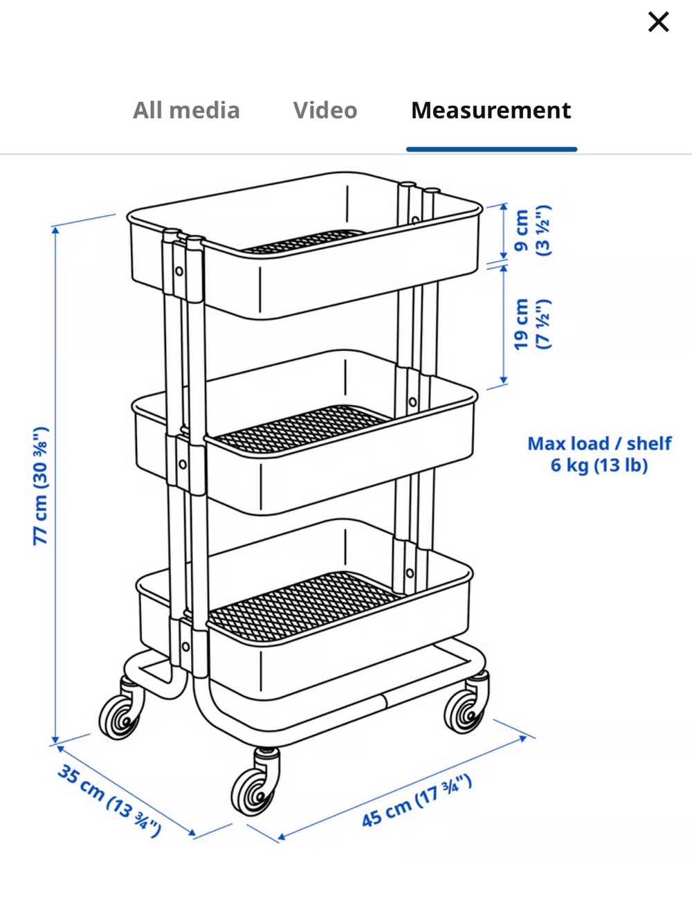 IKEA RÅSKOG utility cart is a compact, three-tiered rolling storage cart. - Picture 2 of 3